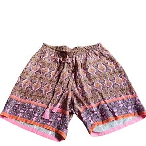 Roamans Plus 18W Linen Blend Pink Orange Geometric Boho Chic Pull-on Shorts